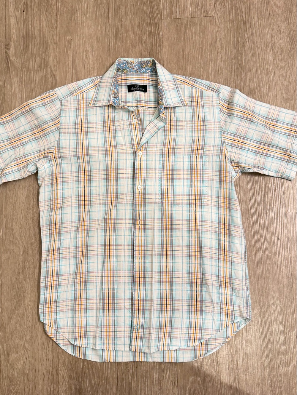 Bugatchi Light Blue Plaid Short Sleeve Button-Down Shirt with Orange  #168